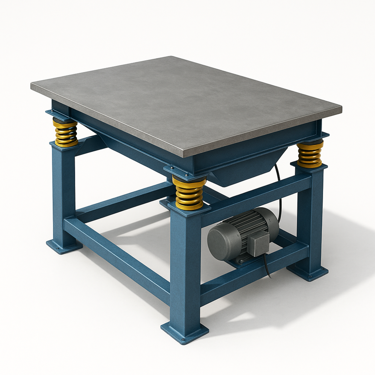 Photorealistisches, isometrisches Bild eines industriellen Rütteltisches mit grauer Metalloberfläche, blauem Stahlgestell, gelben Schwingungsdämpfern und integriertem Elektromotor, freigestellt auf weißem Hintergrund mit weichem Schatten.